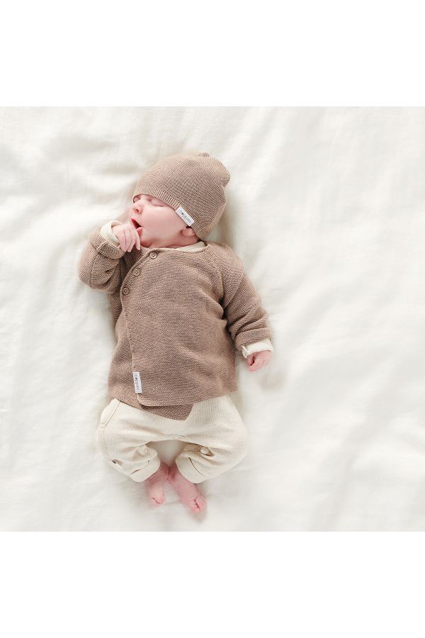 GOTS noppies Taupe Baby Cardigan Sweater. Matching Pants. Neutral Mama inspired outfit for baby. Gender Neutral Gifting. Made in Germany. Free Shipping over $100 in Canada and United States. Duties Included.