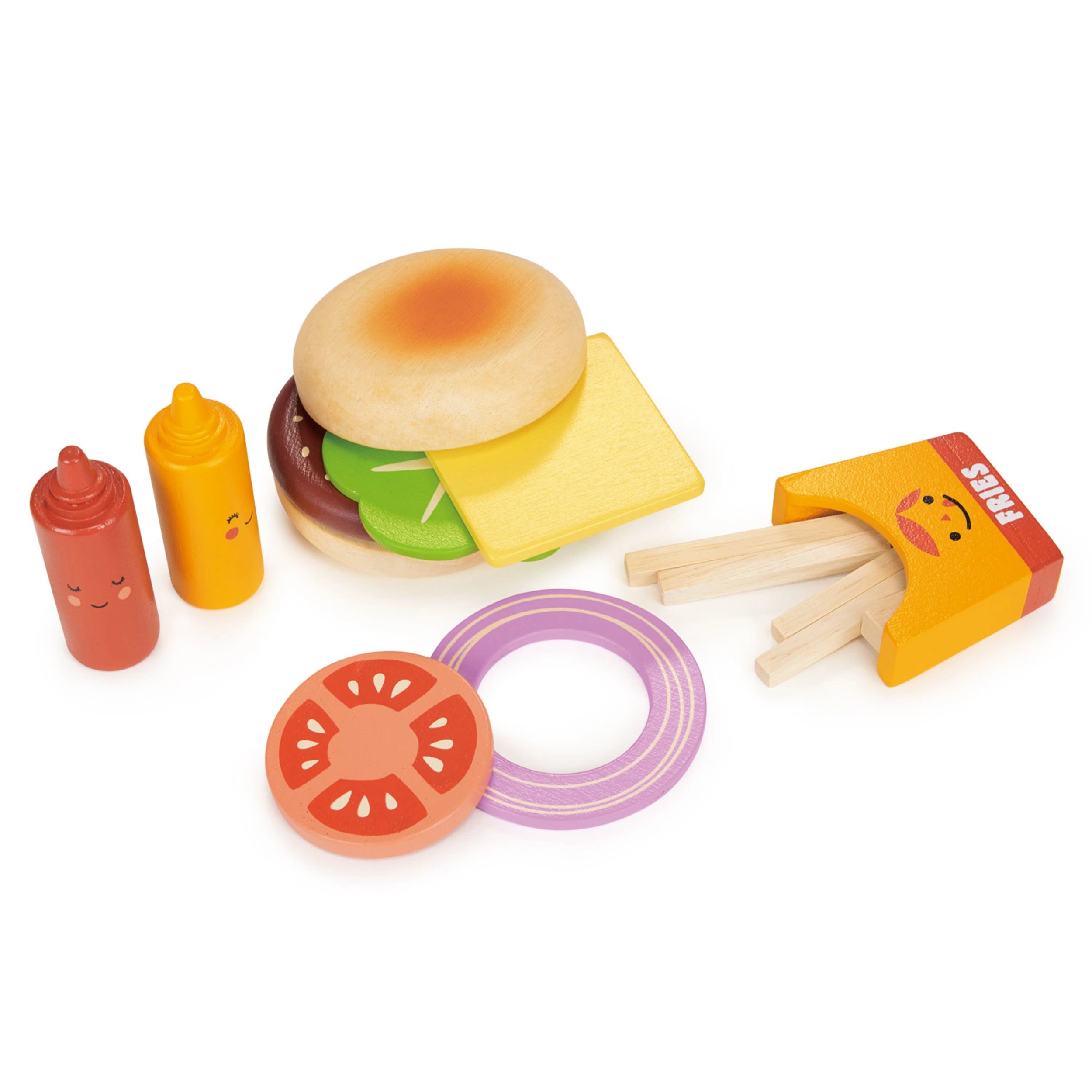 This wooden play food burger set is made of different parts to constructing your own burger sandwich, comes complete with a pretend burger, meat, cheese slice, tomato, onion ring, and lettuce. 5 separate chips in a wooden holder. Tomato and mustard sauce bottles.  Age range: 3 years+ Product size: 7.48 x 3.54 x 2.44’’ Weight: 0.37 Ibs