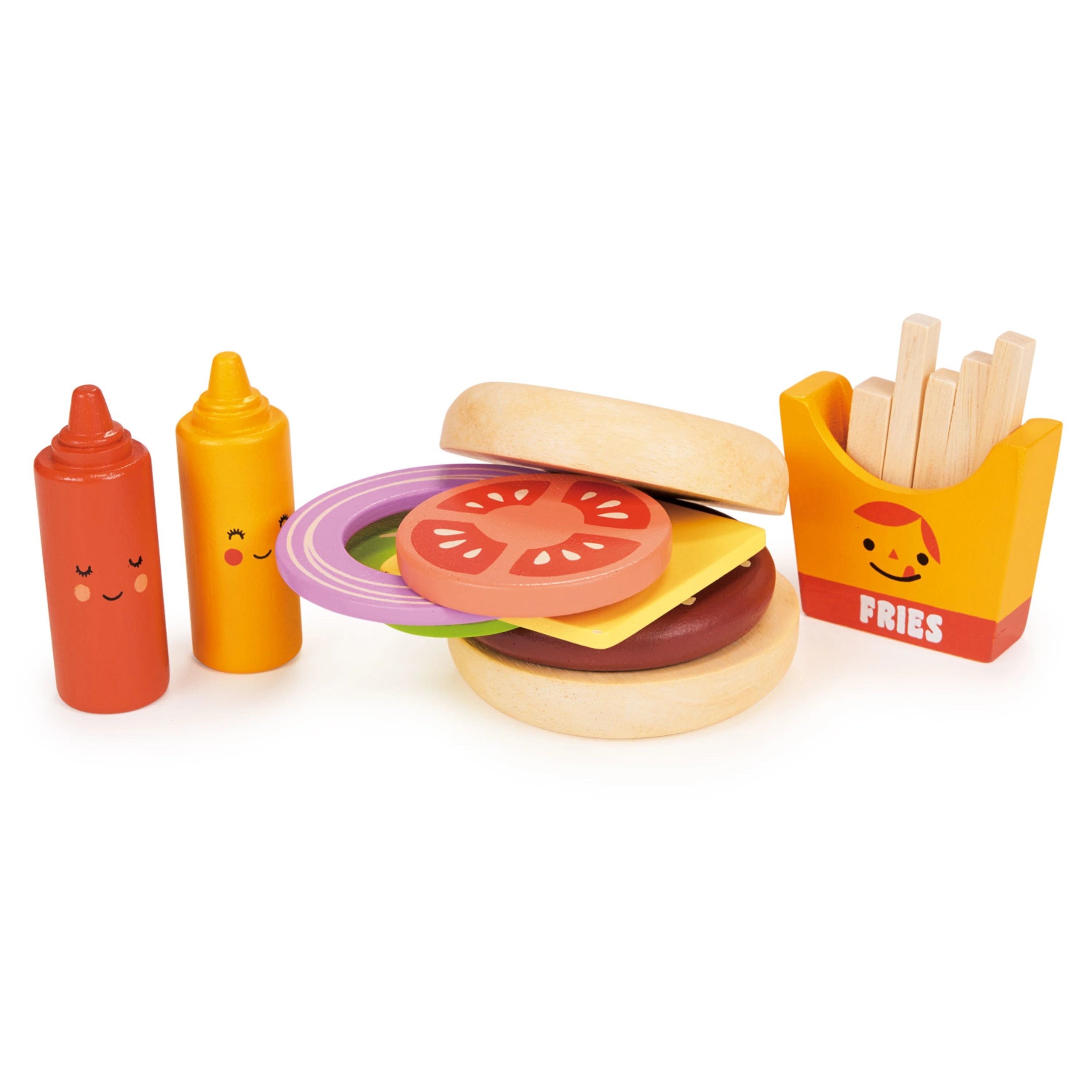 This wooden play food burger set is made of different parts to constructing your own burger sandwich, comes complete with a pretend burger, meat, cheese slice, tomato, onion ring, and lettuce. 5 separate chips in a wooden holder. Tomato and mustard sauce bottles.  Age range: 3 years+ Product size: 7.48 x 3.54 x 2.44’’ Weight: 0.37 Ibs