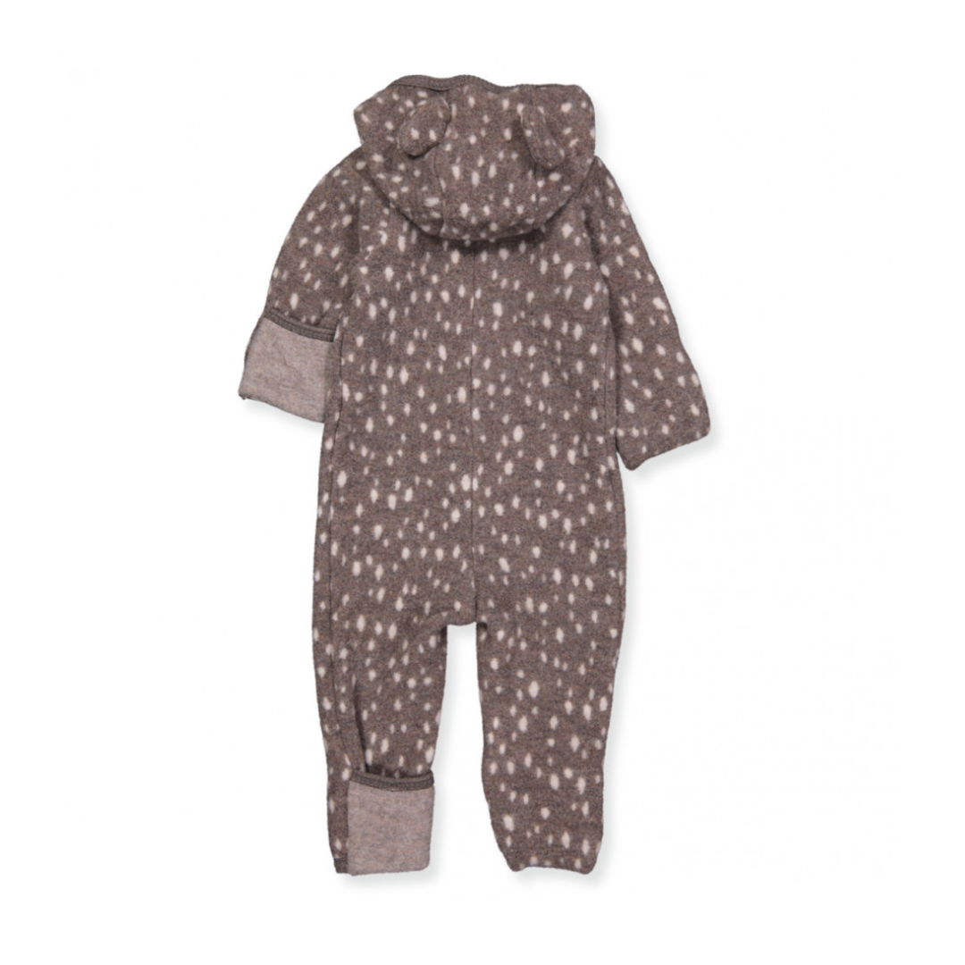 Cozy and comfy, this airy jumpsuit will keep your tiny tot snug and dry. It has fold-over mitts, a convertible footie, and Bambi print. Featuring a hood with ears, a zipper front, and crafted from merino wool, it's perfect for indoor or outdoor wear. Originating in Denmark and made in Poland, it's 100% OEKO-tex certified merino wool. Size chart is as follows: 2-4 months = 56/62, 6-9 months = 68/74.

Ships to Canada and USA duty free