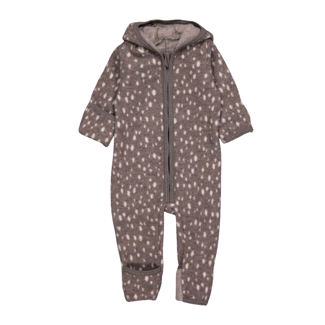 Cozy and comfy, this airy jumpsuit will keep your tiny tot snug and dry. It has fold-over mitts, a convertible footie, and Bambi print. Featuring a hood with ears, a zipper front, and crafted from merino wool, it's perfect for indoor or outdoor wear. Originating in Denmark and made in Poland, it's 100% OEKO-tex certified merino wool. Size chart is as follows: 2-4 months = 56/62, 6-9 months = 68/74.

Ships to Canada and USA duty free